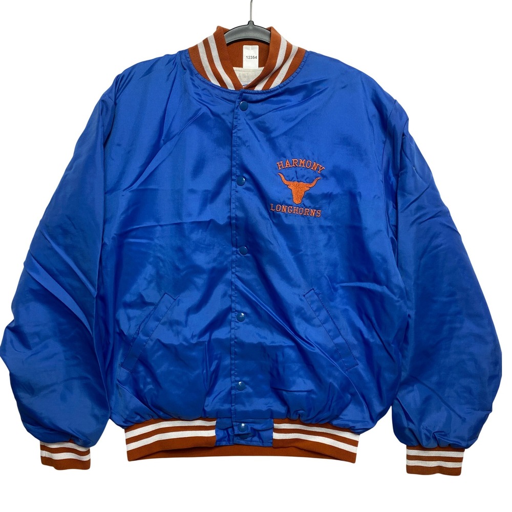 Neff Bomber Jacket Mens L Blue Varsity Harmony Longhorns Satin Snap Front USA